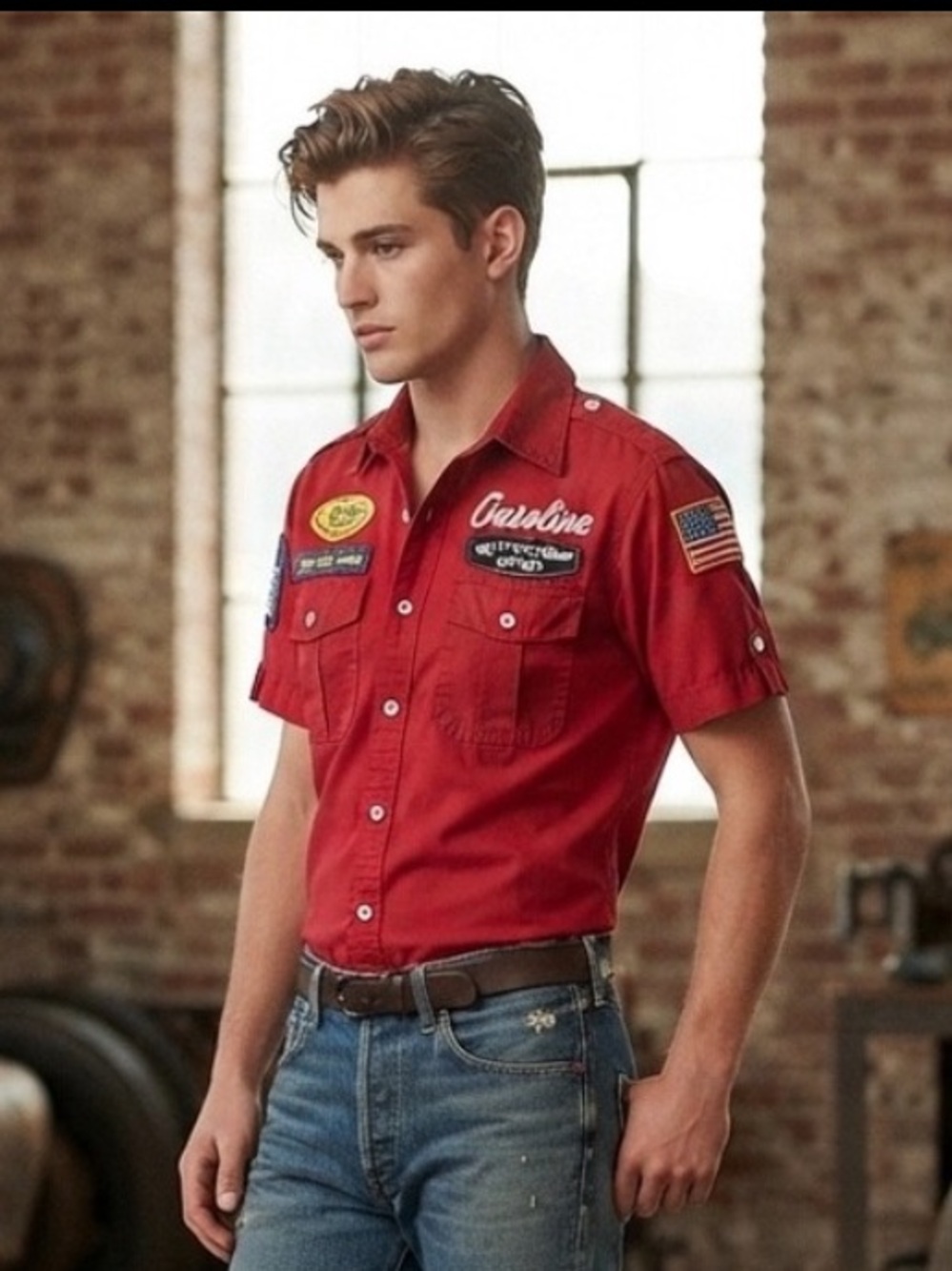 Toxic Waste Mens Red Gasoline Patch Work Shirt Short Sleeve XL Rockabilly Garage